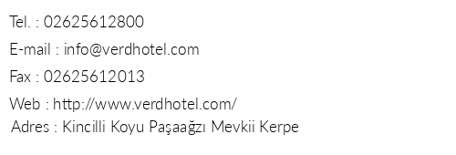 Verd Hotel telefon numaralar, faks, e-mail, posta adresi ve iletiim bilgileri